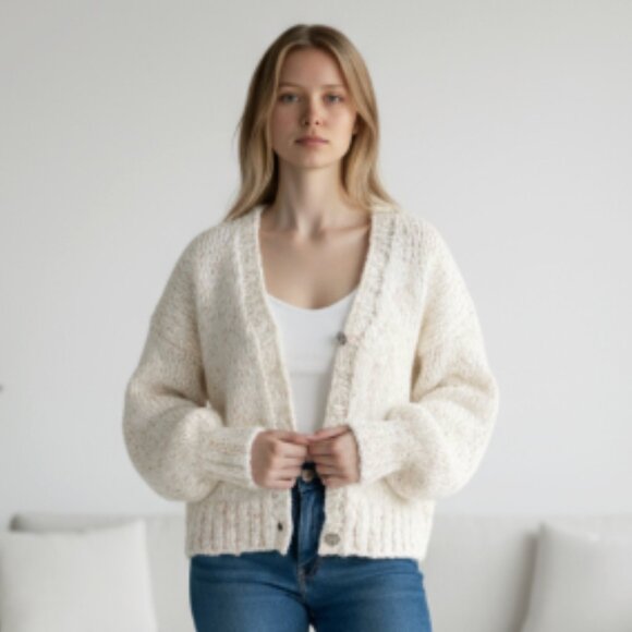 NWOT Altar’d State Oversized Chunky Cable Knit Cardigan - Cream Speckled Wool - Picture 1 of 6